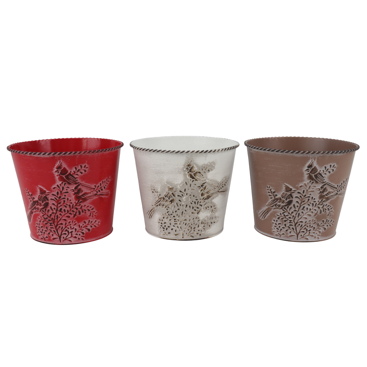 Planter, Metal 7.5" x 6" Embossed Cardinal