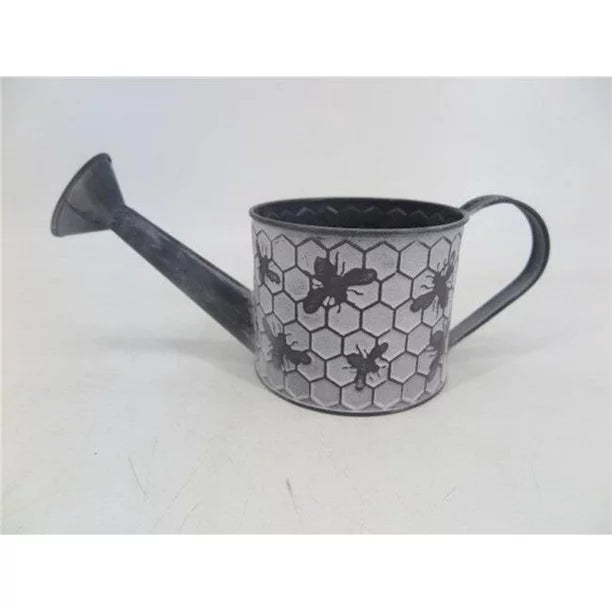 Planter, White Washed Bumble Bee Metal Watering Can with 4" Liner