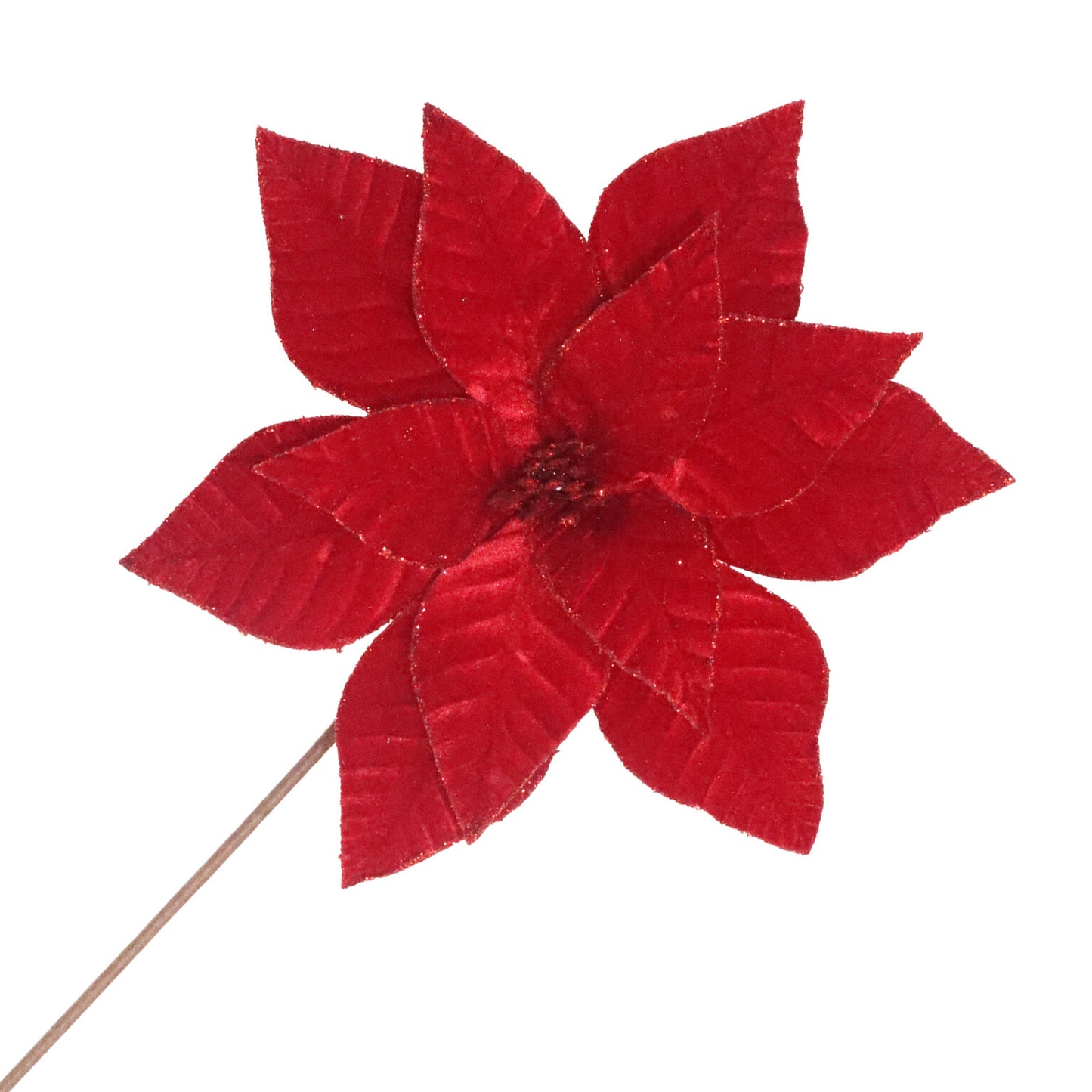 Poinsettia Pick, Deep Red Velvet with Glitter Edge 12"