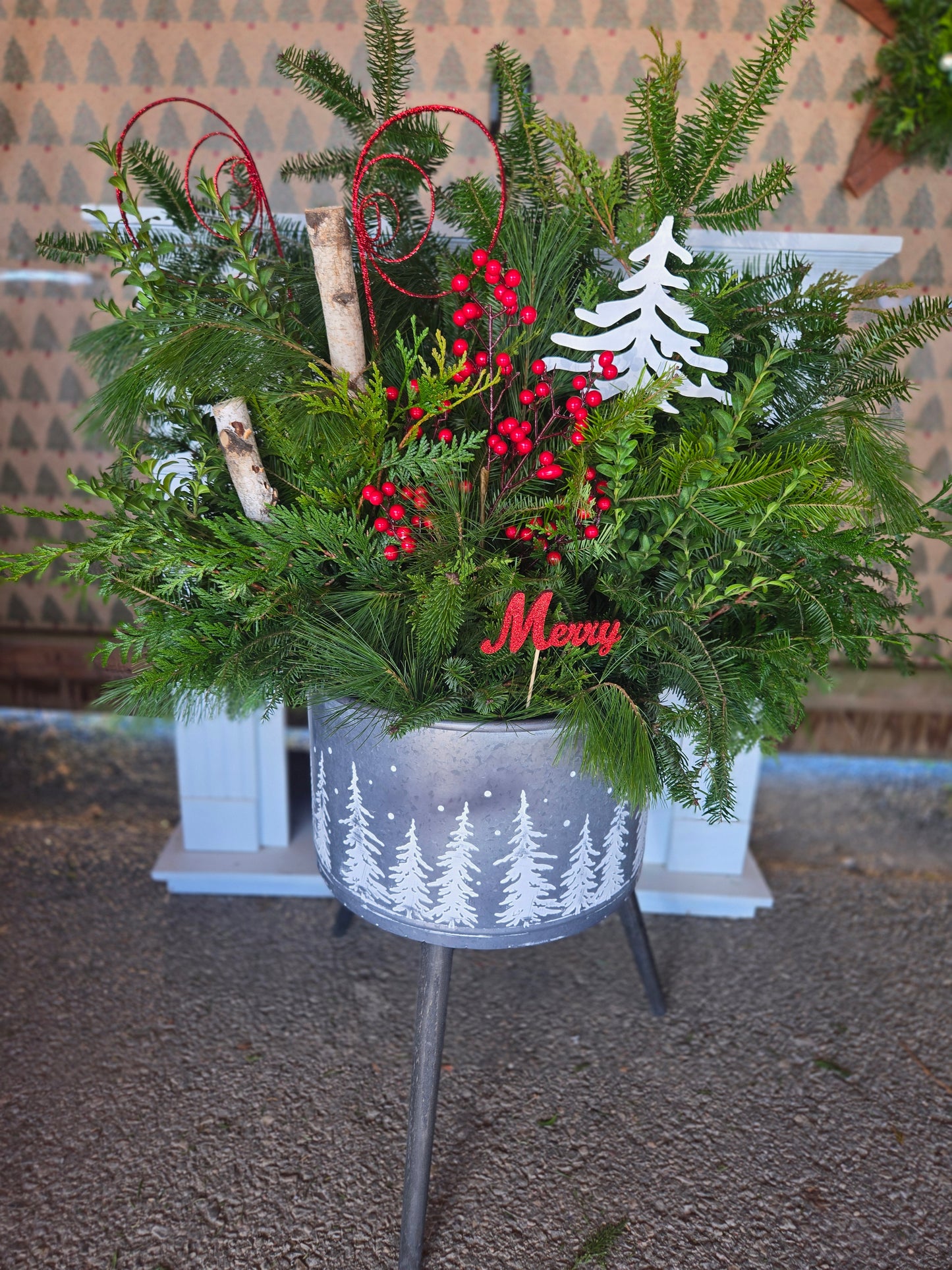 Metal Planter, White Trees on Stand with Liner